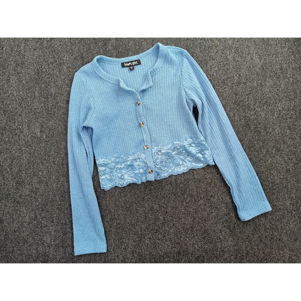 Coquette Lace Trim Button Front Cardigan Sweater Light Blue Ribbed Knit Womens M
